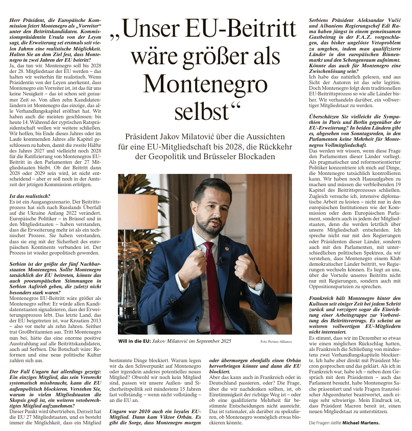 Intervju predsjednika Milatovića uoči radne posjete Berlinu za Frankfurter algemajne cajtung (FAZ), jedan od najuticajnijih njemačkih i evropskih dnevnih listova
